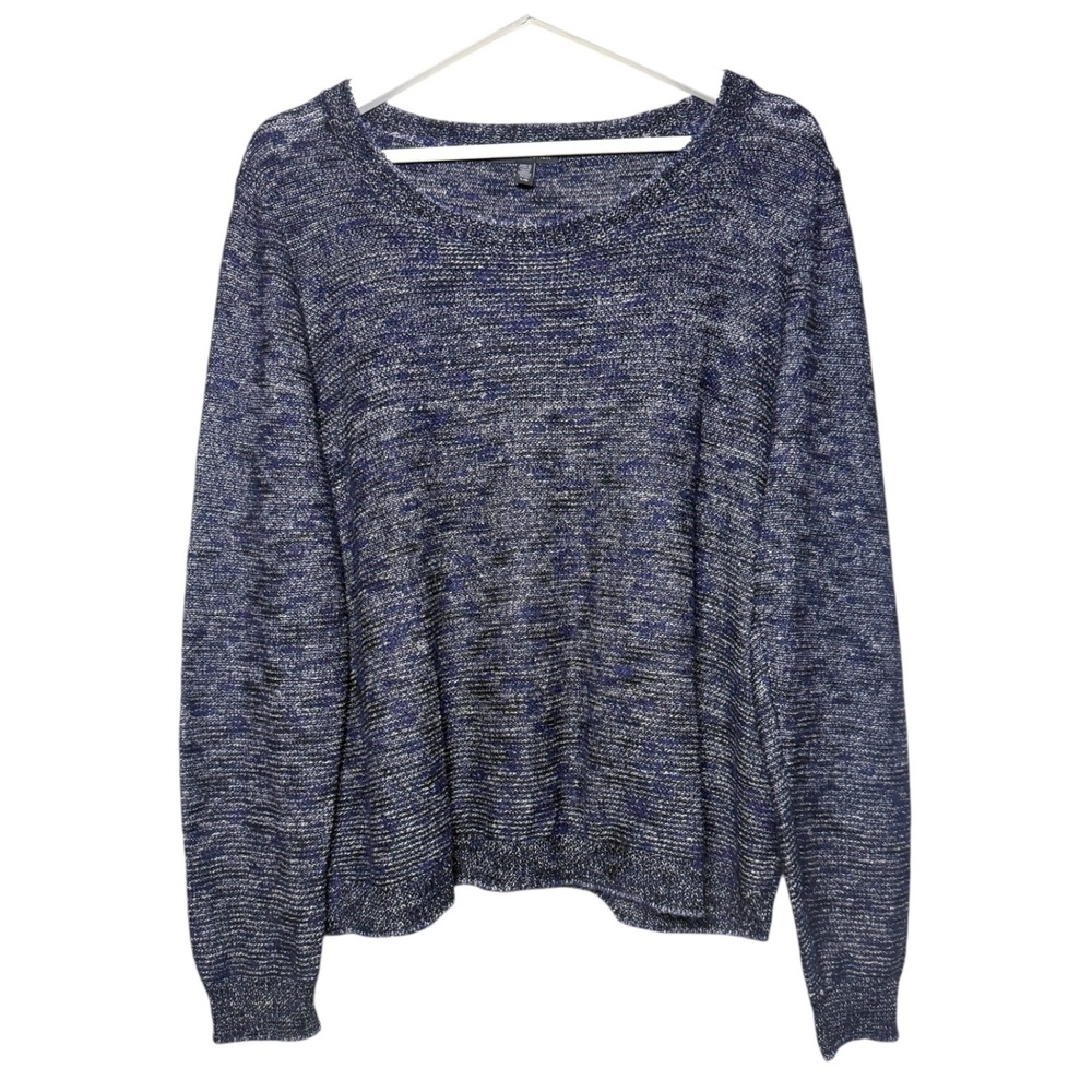 EILEEN FISHER Navy Blue Marled Linen Blend Lightweight‎ Knit Sweater Size Large